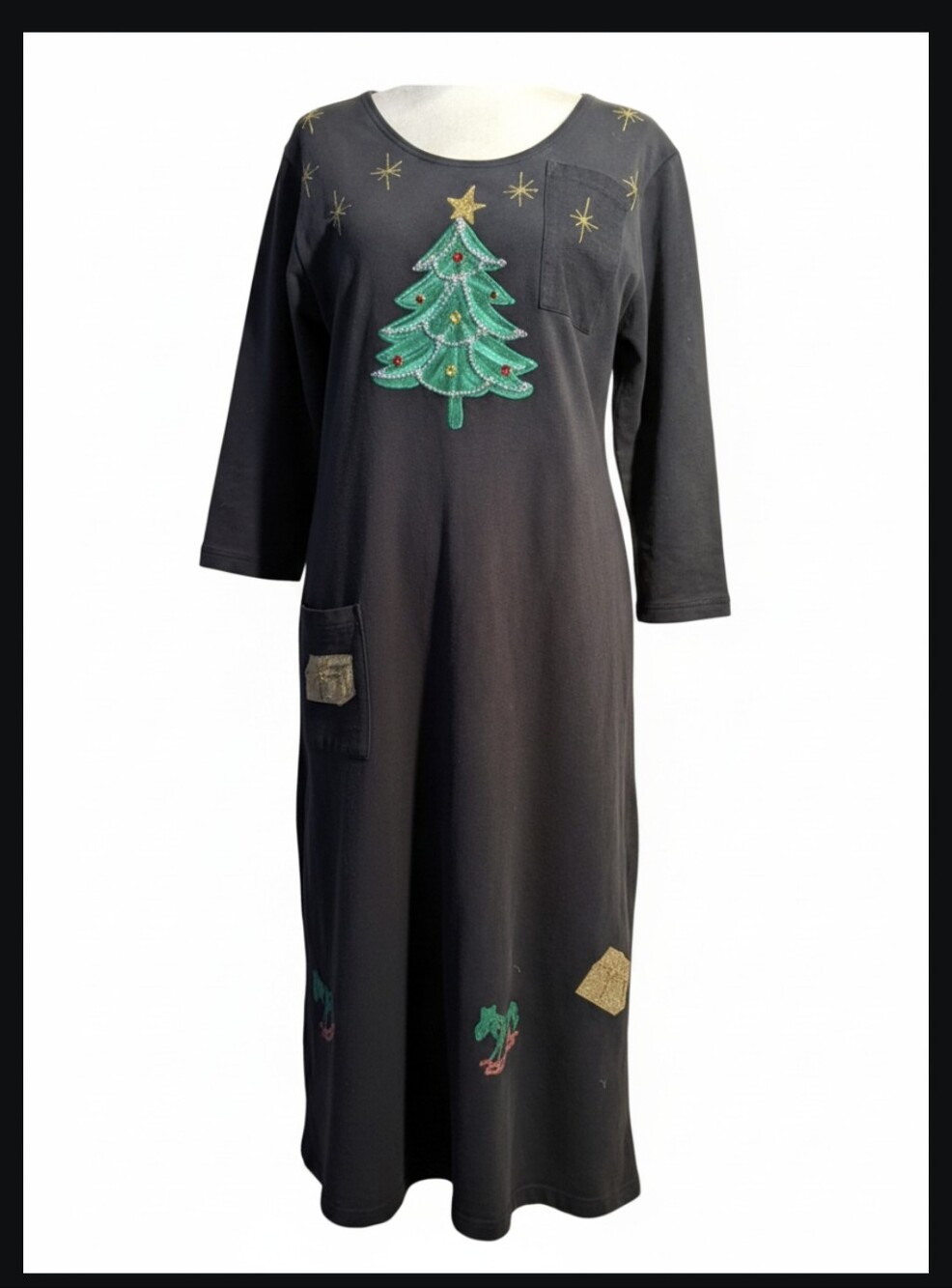 Vtg 90s black cotton embellished hand painted Christmas holiday maxi dress sz S
